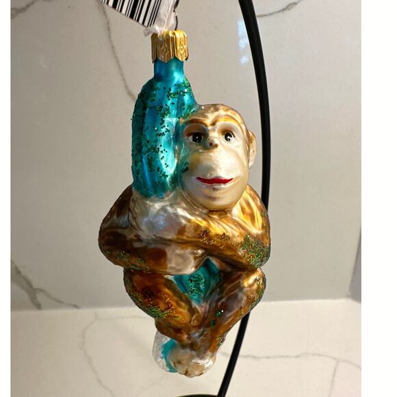 Vintage Glass Monkey on Vine Christmas Ornament Hand-Painted Glitter Accents - Picture 1 of 6